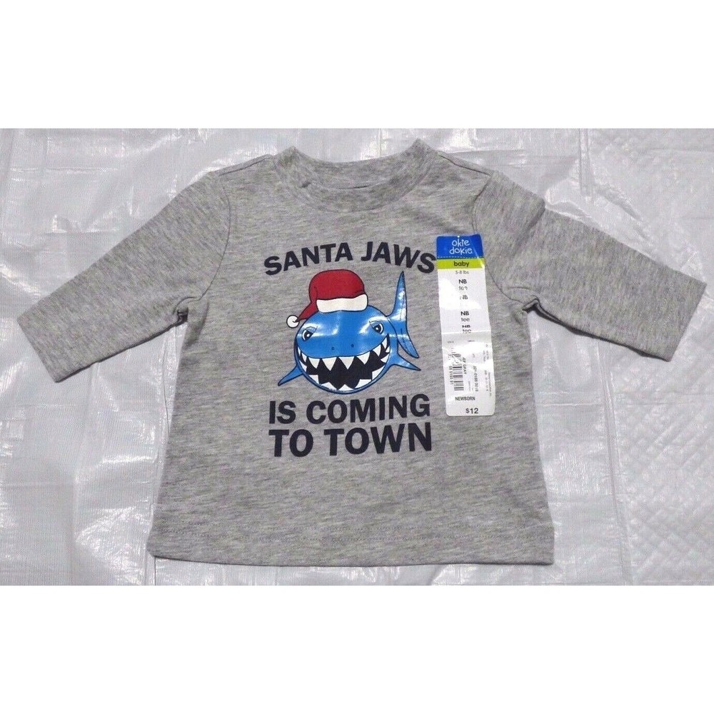 Santa Jaws Coming To Town Okie Dokie T-Shirt Top Size Newborn NB Gray JC Penney